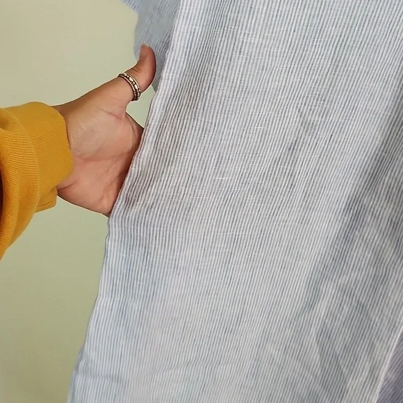 Soft Surroundings Linen Maxi Dress Blue White Striped Embroidered Side Slits S - Picture 10 of 11